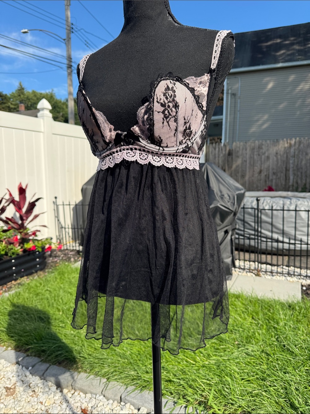 Dreamgirl Black & Blush Lace-Trim Babydoll Chemise